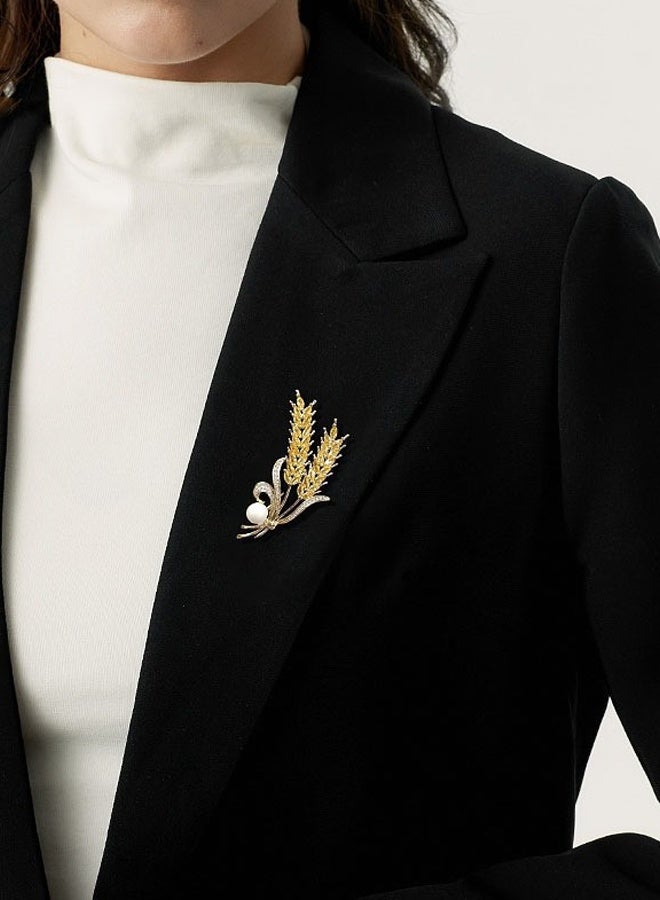 DAEVO Gold Plated Elegant Wheat Ear Pearl Brooch Women Luxury Zircon Accent Classic Lapel Pin Suit Scarf Daily Wedding Party Gift Jewelry - Image 3