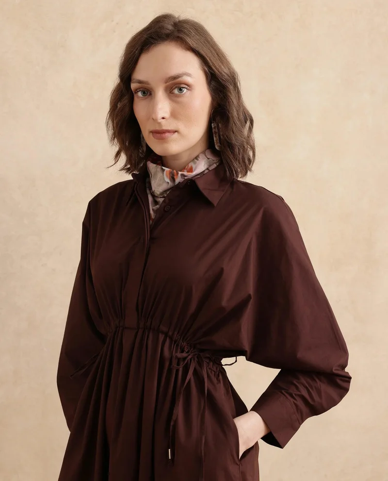 Rareism Women's Shirt Dress With Tie Up Waist Detail