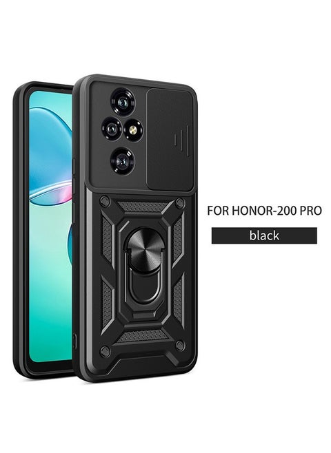 Compatible for Honor 200 Pro 5G Case with Sliding Camera, Integrated 360 Degree Rotating Ring Kickstand, Shockproof Protective Cover, Anti-Fall Drop Protection, Shockproof Case, Black