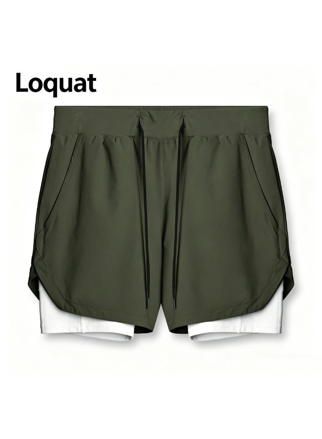 Loquat Five-Point Sports Shorts Half-Length Gym Shorts Fake Two-Piece Quick Drying Double Layer Basketball Pants Anti-Light Running Fitness Summer Army Green - Image 1