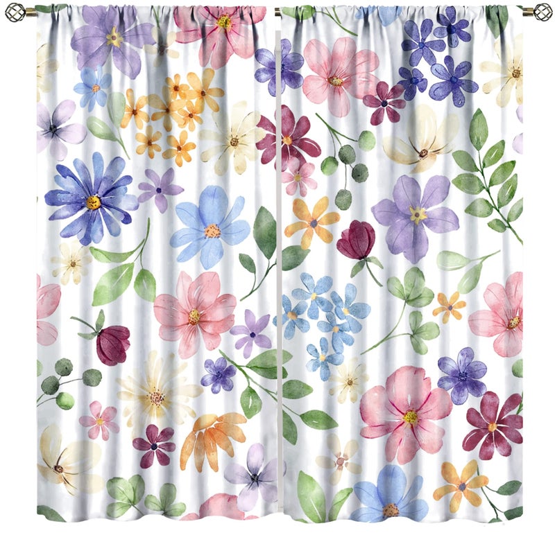 AuiMzoo Floral Blackout Curtains, Spring Watercolor Flower Plant Rustic Modern Style Pattern for Bedroom Living Room, 2 Panel Set,42X45 Inch - Image 1