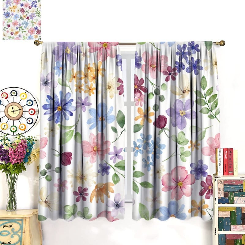 AuiMzoo Floral Blackout Curtains, Spring Watercolor Flower Plant Rustic Modern Style Pattern for Bedroom Living Room, 2 Panel Set,42X45 Inch - Image 3