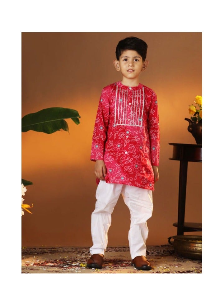 PRASHA Boys' Pink And White Cotton Kurta and Pyjama Set - Image 1