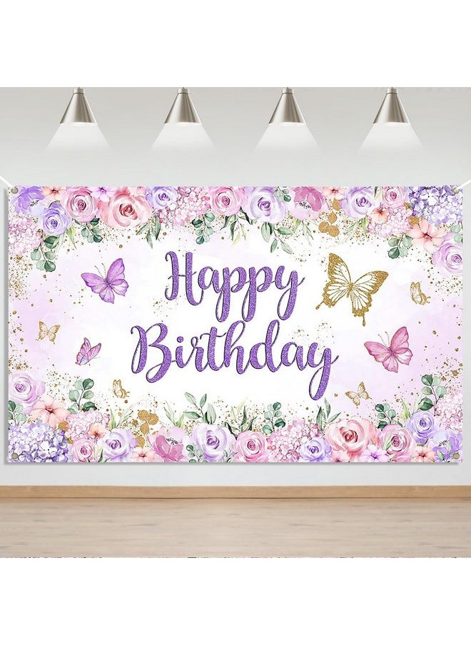 Mocsicka Mocsicka Butterfly Birthday Banner Backdrop Purple Butterfly Happy Birthday Girl Birthday Party Background Butterfly Birthday Decorations 70.8 x 43.3 Inch  - Image 1