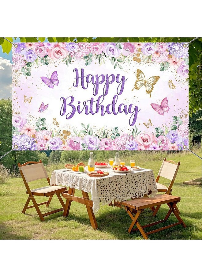 Mocsicka Mocsicka Butterfly Birthday Banner Backdrop Purple Butterfly Happy Birthday Girl Birthday Party Background Butterfly Birthday Decorations 70.8 x 43.3 Inch  - Image 4