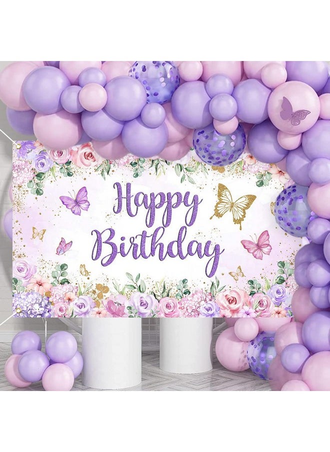 Mocsicka Mocsicka Butterfly Birthday Banner Backdrop Purple Butterfly Happy Birthday Girl Birthday Party Background Butterfly Birthday Decorations 70.8 x 43.3 Inch  - Image 2