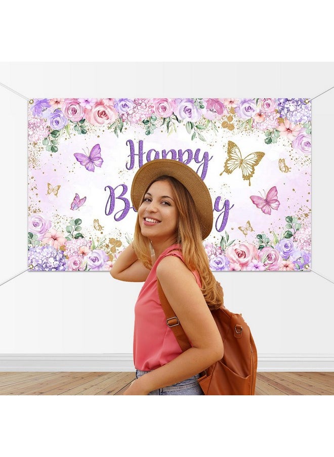 Mocsicka Mocsicka Butterfly Birthday Banner Backdrop Purple Butterfly Happy Birthday Girl Birthday Party Background Butterfly Birthday Decorations 70.8 x 43.3 Inch  - Image 3