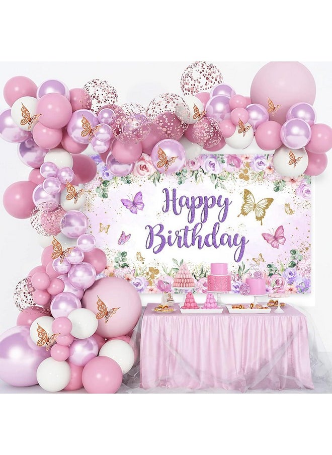 Mocsicka Mocsicka Butterfly Birthday Banner Backdrop Purple Butterfly Happy Birthday Girl Birthday Party Background Butterfly Birthday Decorations 70.8 x 43.3 Inch  - Image 5