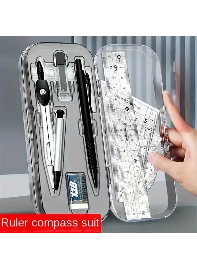 مجموعة بلاستيكية هندسية شفافة من 8 قطع باللون الأسود مع منقلة مثلثة وممحاة - Image 2