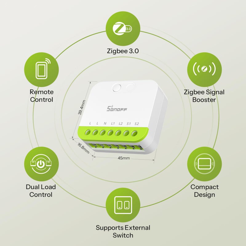 SONOFF MINI Duo 2 - Channel Zigbee Smart Switch, Zigbee 3.0 Enabled, 16A Total Load, Compact for Standard Boxes, Remote & Automated Control via Zigbee Hub - Image 3