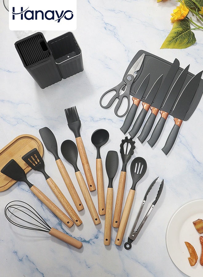 Hanayo 19 Pcs Knife and Kitchenware Set Kitchen Cooking Utensils Set Heat-resistant Silicone Tool Set with Wooden Handle Non-Stick Spoon Spatula Cooking Kitchen Tool Set(Grey) - Image 1