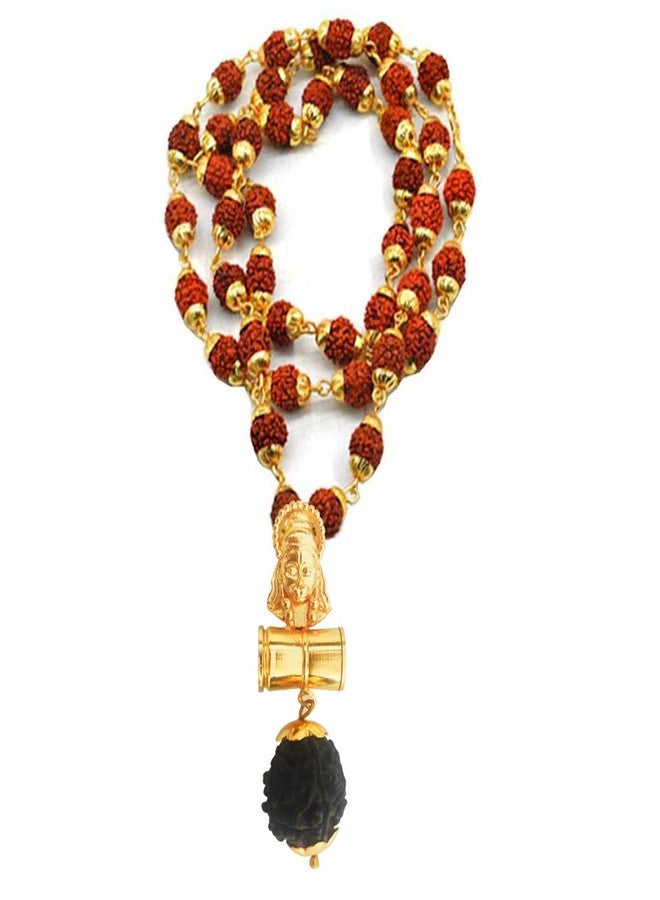 Sullery Lord Hanuman Bajarang Bali Cap Panchmukhi Rudraksha Mala Gold And Brown Brass And Wood Religious Jewellery Pendant Necklace Chain For Men And Women - Image 1