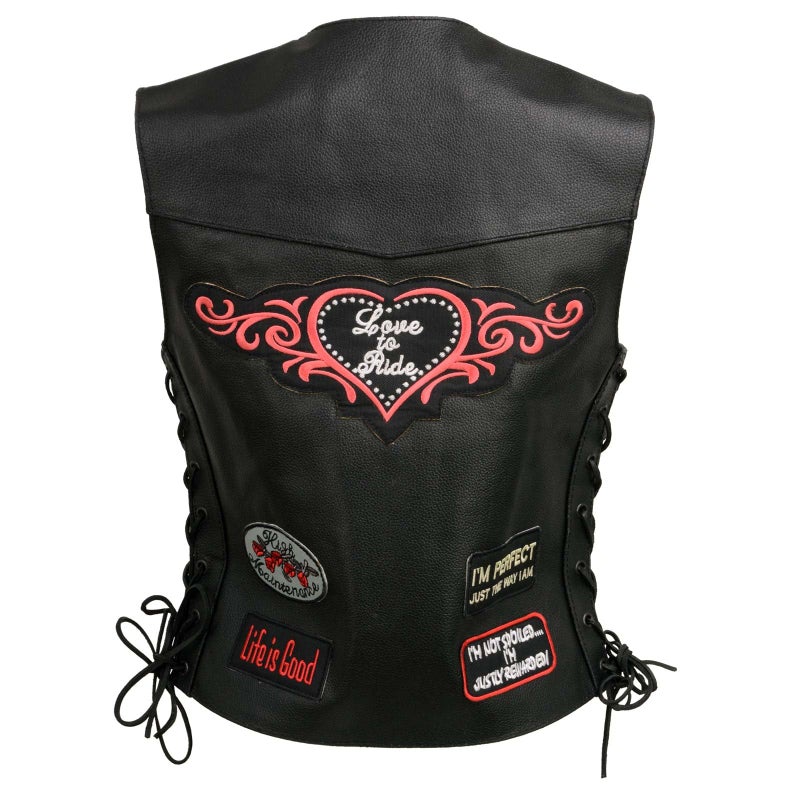 EVENT LEATHER ELL4900 Womens Love to Ride Black Leather Motorcycle Patched Embroidered Vests with Side Laces XSmall