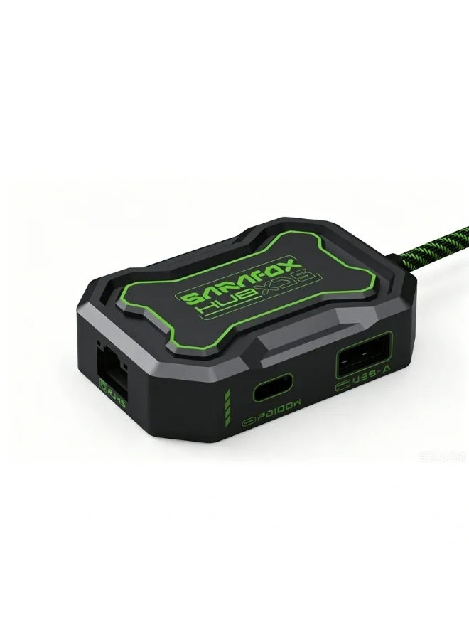 Sarafox XD5 5-in-1 Type-C Gaming Adapter: Features PD 100W fast charging, a 3.5mm audio jack, and a 1000Mbps RJ45 Ethernet port. Ideal for gaming and streaming, it boasts a lightweight design with a 70cm cable and comes in black with green accents. - Image 1