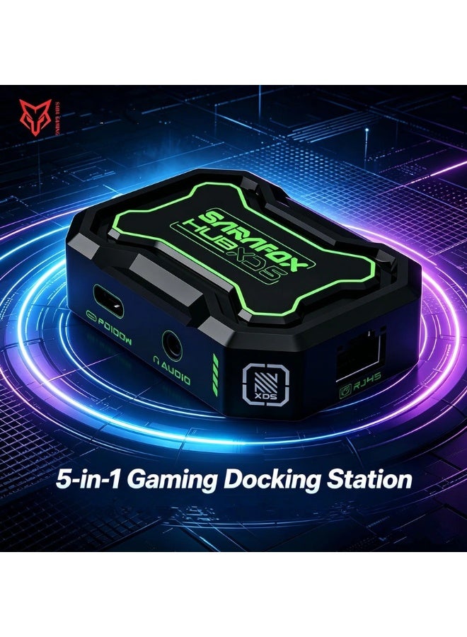 Sarafox XD5 5-in-1 Type-C Gaming Adapter: Features PD 100W fast charging, a 3.5mm audio jack, and a 1000Mbps RJ45 Ethernet port. Ideal for gaming and streaming, it boasts a lightweight design with a 70cm cable and comes in black with green accents. - Image 5