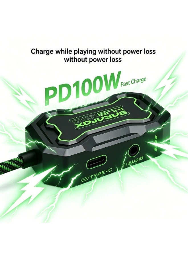 Sarafox XD5 5-in-1 Type-C Gaming Adapter: Features PD 100W fast charging, a 3.5mm audio jack, and a 1000Mbps RJ45 Ethernet port. Ideal for gaming and streaming, it boasts a lightweight design with a 70cm cable and comes in black with green accents. - Image 2