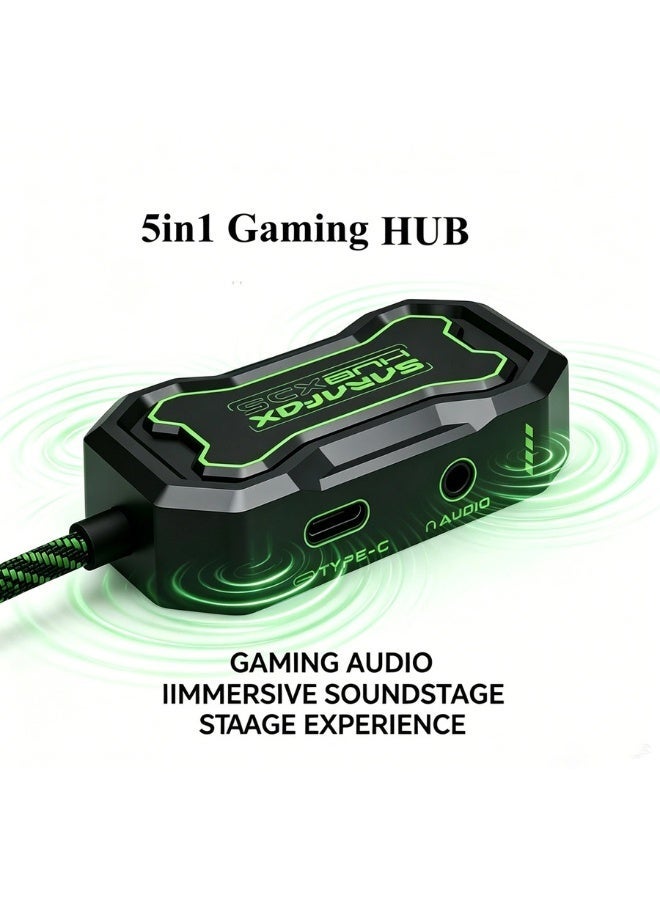 Sarafox XD5 5-in-1 Type-C Gaming Adapter: Features PD 100W fast charging, a 3.5mm audio jack, and a 1000Mbps RJ45 Ethernet port. Ideal for gaming and streaming, it boasts a lightweight design with a 70cm cable and comes in black with green accents. - Image 3