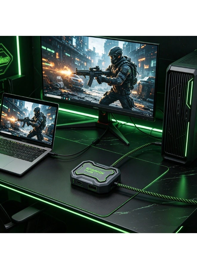 Sarafox XD5 5-in-1 Type-C Gaming Adapter: Features PD 100W fast charging, a 3.5mm audio jack, and a 1000Mbps RJ45 Ethernet port. Ideal for gaming and streaming, it boasts a lightweight design with a 70cm cable and comes in black with green accents. - Image 4