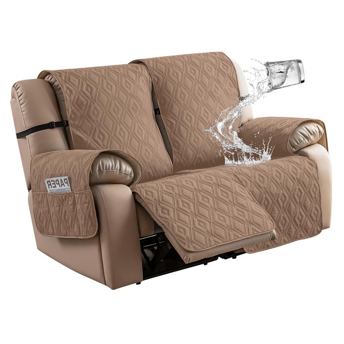 WATERPROOF LOVESEAT RECLINER COVER NONSLIP SOFA COVER FOR RECLINING COUCH 2 SEAT WASHABLE COUCH COVER LOVESEAT FURNITURE PROTECTOR COVER FOR PETS DOGS KIDS CAMEL RECLINER LOVESEAT