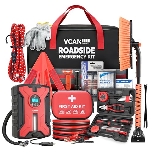 VCANENERGY Car Emergency Safety Kit Bag with Portable Air Compressor, Jumper Cables,First Aid Kit, Winter Vehicle Roadside Emergency Kit with Snow Brush and Ice Scraper, for Women, Men, Teen - Image 1