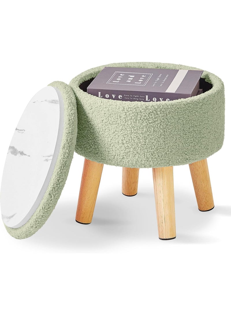 Small Ottoman Footrest with Storage, Round Pouf Footstool with Padded Seat and Lid, Teddy Mini Footrest for Living Room Sofa Entryway, Green - Image 1