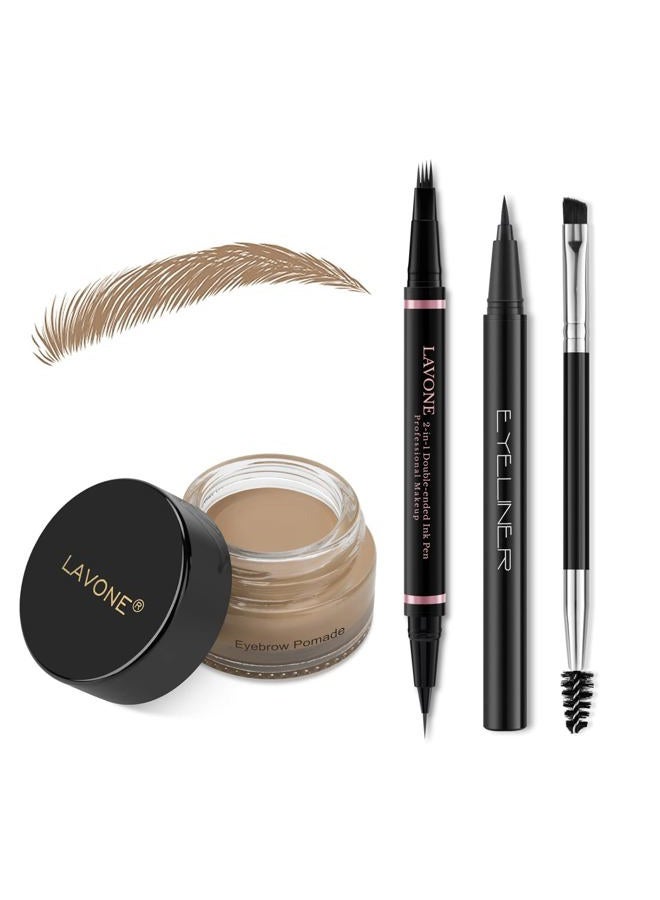 LAVONE Eyebrow Pencil Makeup Kit, with Waterproof 2-IN-1 Microblading Eyebrow Pen, Eyebrow Pomade, Eyeliner and Dual-ended Eyebrow Brush, Brow Pencil Kit for Natural Eyebrows - Taupe - Image 1