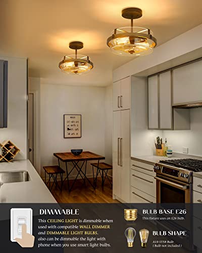 EAPUDUN Farmhouse Ceiling Light, Wooden Semi Flush Mount Ceiling Light Fixtures with Clear Glass Shade, Retro 2-Light Ceiling Lamp for Hallway Entryway Bedroom Kitchen Dining Room SMA1444-FBDT - Image 3