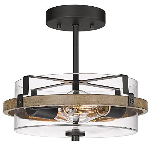 EAPUDUN Farmhouse Ceiling Light, Wooden Semi Flush Mount Ceiling Light Fixtures with Clear Glass Shade, Retro 2-Light Ceiling Lamp for Hallway Entryway Bedroom Kitchen Dining Room SMA1444-FBDT - Image 1