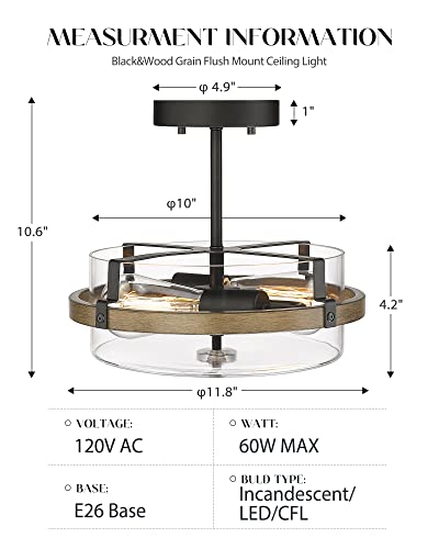 EAPUDUN Farmhouse Ceiling Light, Wooden Semi Flush Mount Ceiling Light Fixtures with Clear Glass Shade, Retro 2-Light Ceiling Lamp for Hallway Entryway Bedroom Kitchen Dining Room SMA1444-FBDT - Image 4