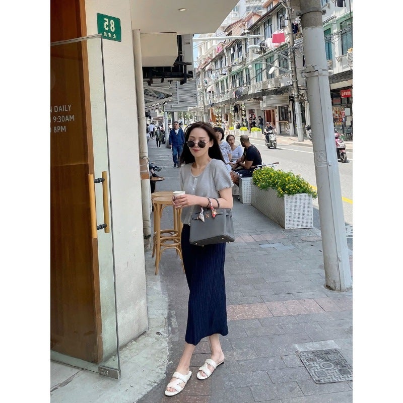 Miyake Pleated Skirt Woman 2024 Autumn Sweater Pair Mid-Length Slit Straight Skirt Navy Blue Skirt