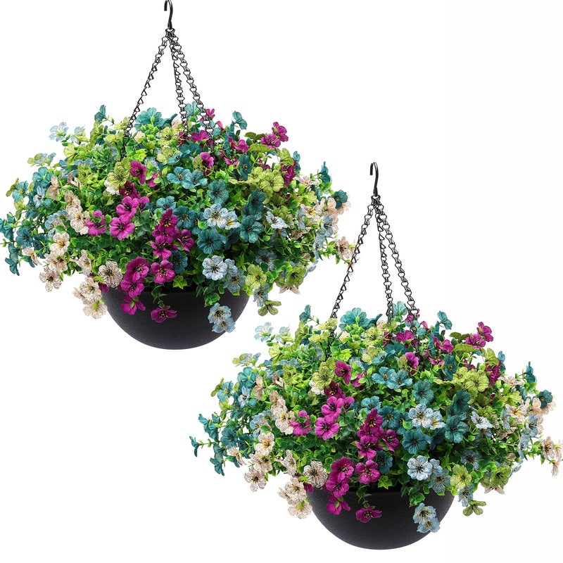 JAKY Global 2 Sets Artificial Hanging Plants Flowers with Basket for Outdoors,30 Bundles UV Resistant Fake Plants Spring Summer Decoration Faux Silk Eucalyptus Garden Patio Yard Front Porch Balcony Arrangement - Image 1