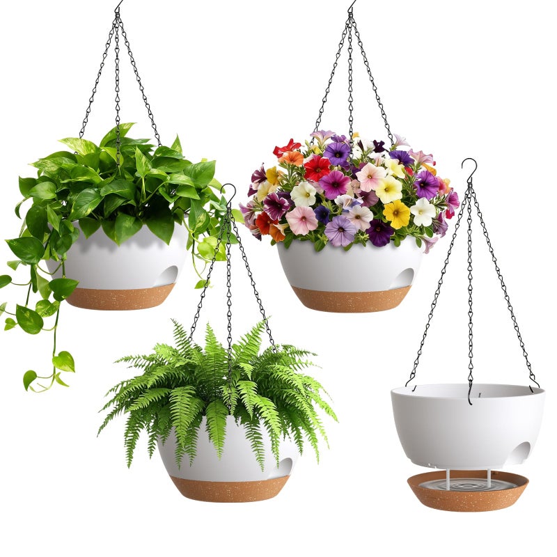 UOUZ 4 Pack 8 Inch Self Watering Hanging Planters for Indoor Outdoor Plantsï¼ŒHanging Pots for Plants with Drainage Removable Tray, Hanging Baskets Flower Pots for Pothos Garden Porch White with Brown - Image 1