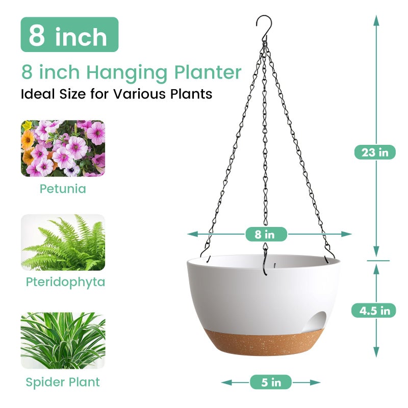 UOUZ 4 Pack 8 Inch Self Watering Hanging Planters for Indoor Outdoor Plantsï¼ŒHanging Pots for Plants with Drainage Removable Tray, Hanging Baskets Flower Pots for Pothos Garden Porch White with Brown - Image 3