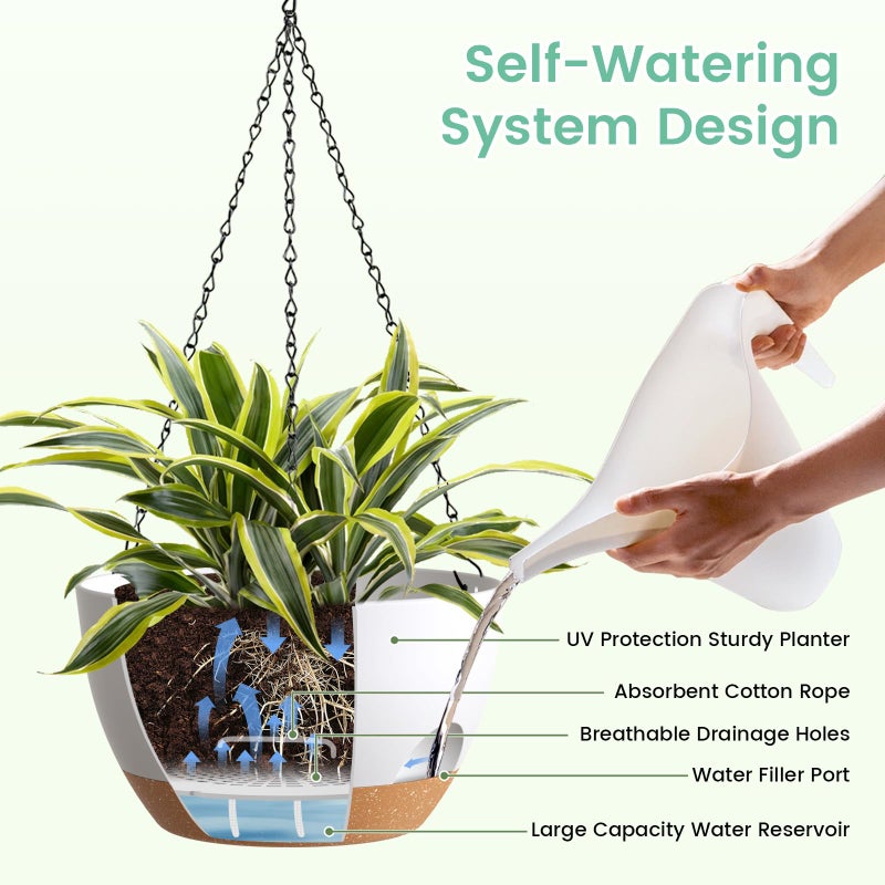 UOUZ 4 Pack 8 Inch Self Watering Hanging Planters for Indoor Outdoor Plantsï¼ŒHanging Pots for Plants with Drainage Removable Tray, Hanging Baskets Flower Pots for Pothos Garden Porch White with Brown - Image 4