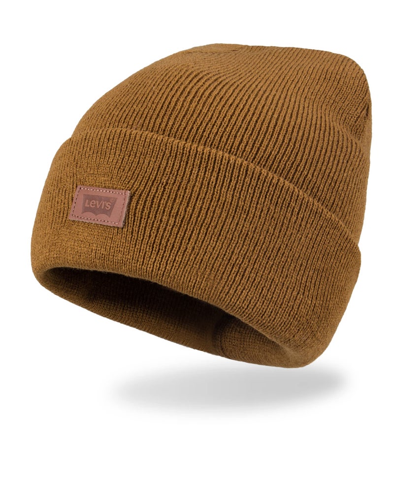 Levi's Unisex Adult All Season Comfy Leather Logo Patch Cuffed Hero Beanie Hat, Tan Solid - Image 2