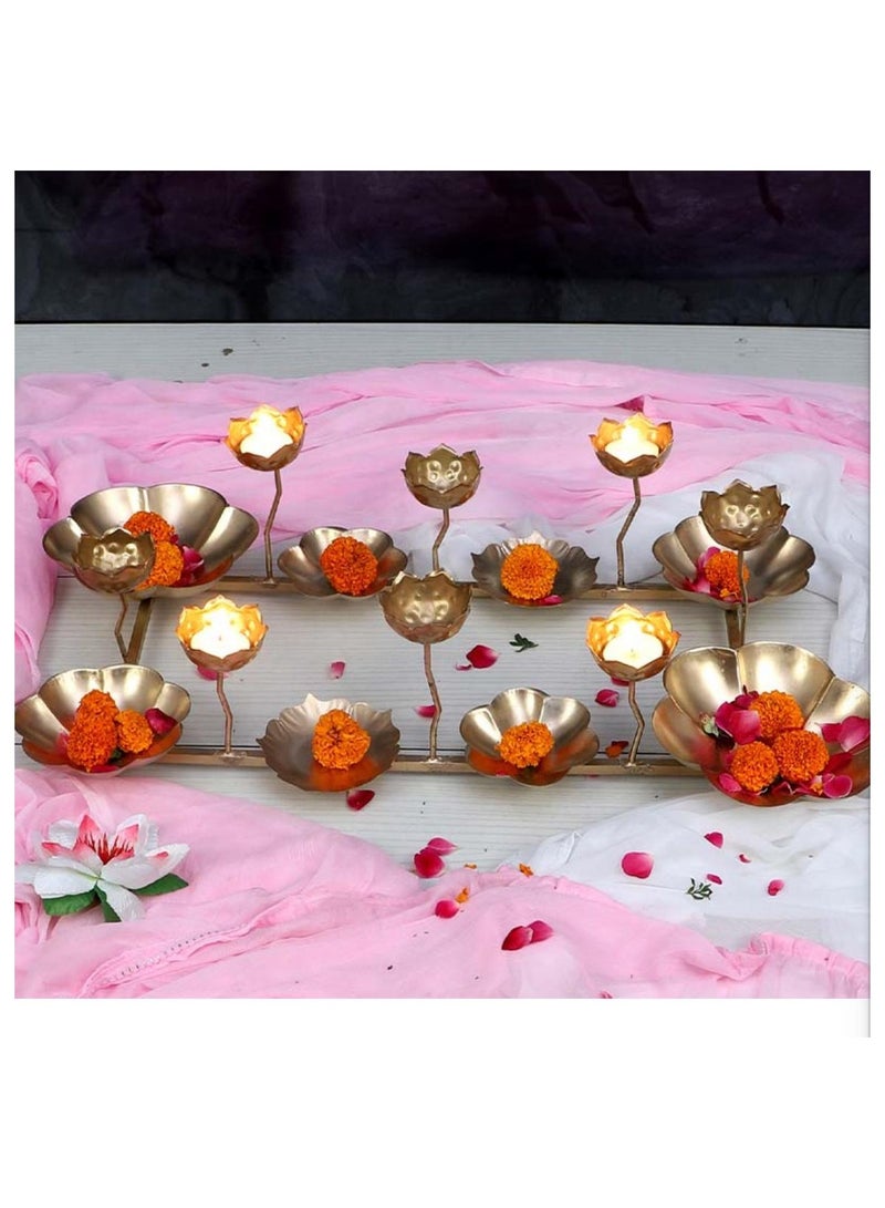 Luxury Brass Lotus Diya Stand with Tealight Holders & Flower Bowls – 16 Lotus Holders for Festive Decor, Pooja, and Gifting/Diwali Decor