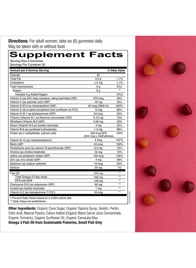 Women's Formula Gummy Vitamins: Gluten Free, Multivitamin, CoQ10, Folate (Methylfolate), Vitamin K2, Vitamin D3, Biotin, B12, Omega 3 DHA/EPA Fish Oil, 180 count (30 Day Supply)