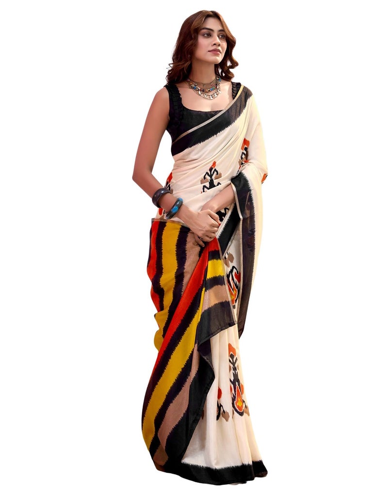 SIRIL Women's Cotton Silk Printed Saree with Unstitched blouse Piece (4104S889_Beige & Black) - Image 1