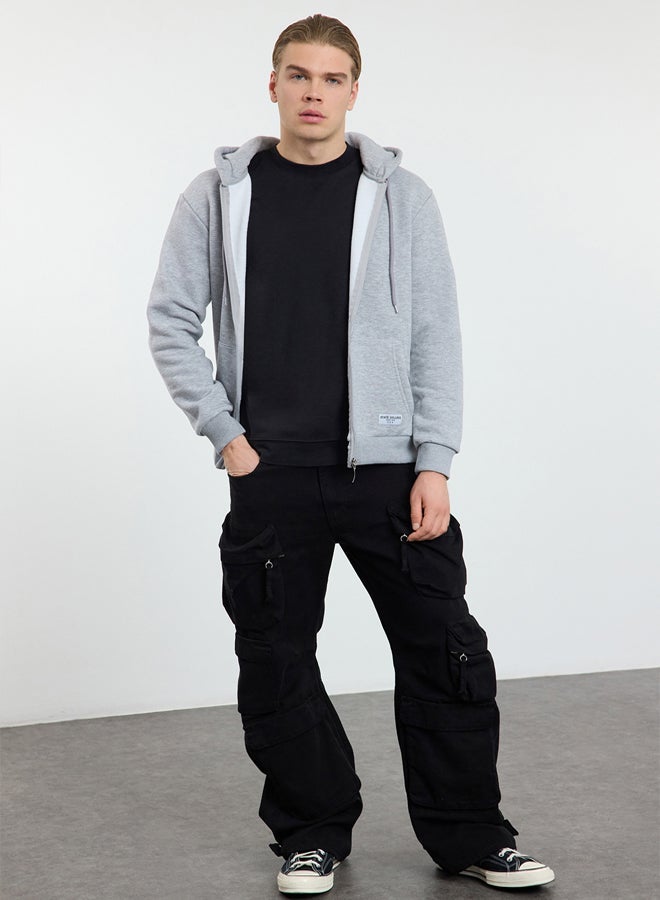 trendyol Grey Melange Regular Fit Hooded Zippered Label Applique Thick Sweatshirt - Image 1