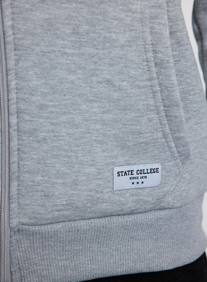 trendyol Grey Melange Regular Fit Hooded Zippered Label Applique Thick Sweatshirt - Image 4