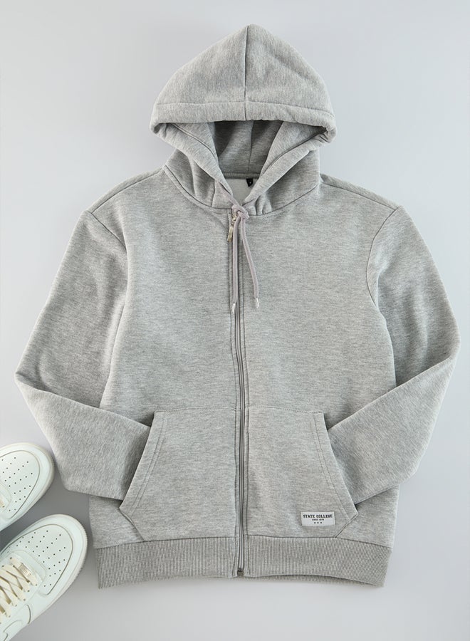 trendyol Grey Melange Regular Fit Hooded Zippered Label Applique Thick Sweatshirt - Image 5
