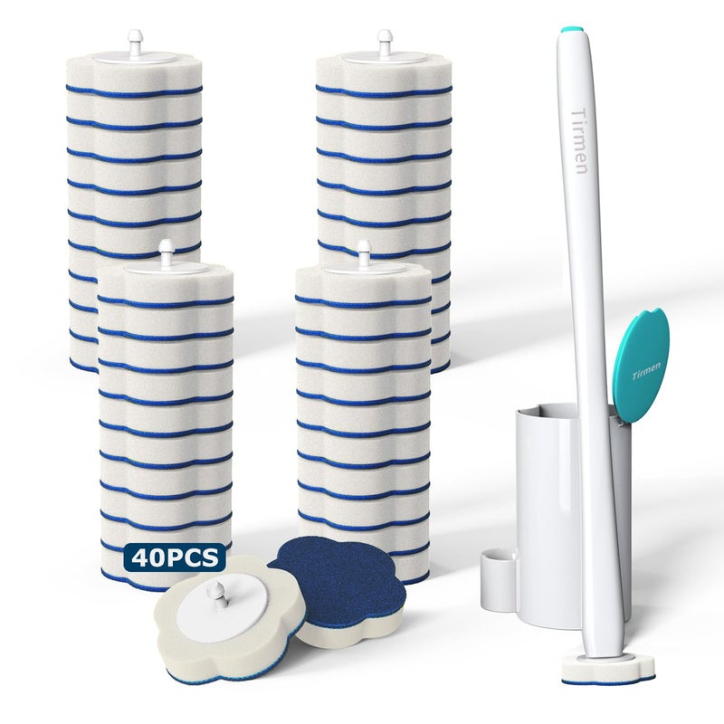 Tirmen Disposable Toilet Brush Toilet Bowl Brush and Holder Set with 40 Wand Refills Upgraded Handle 2X Cleaners Toilet Cleaning System with Storage Caddy for Sink Bathtub Floor Drain Green - Image 2