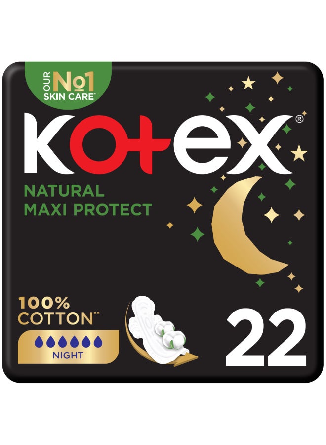 Kotex Natural Maxi Protect Thick Pads, 100% Cotton Pad, Overnight Protection Sanitary Pads with Wings 22 Pcs - Image 1