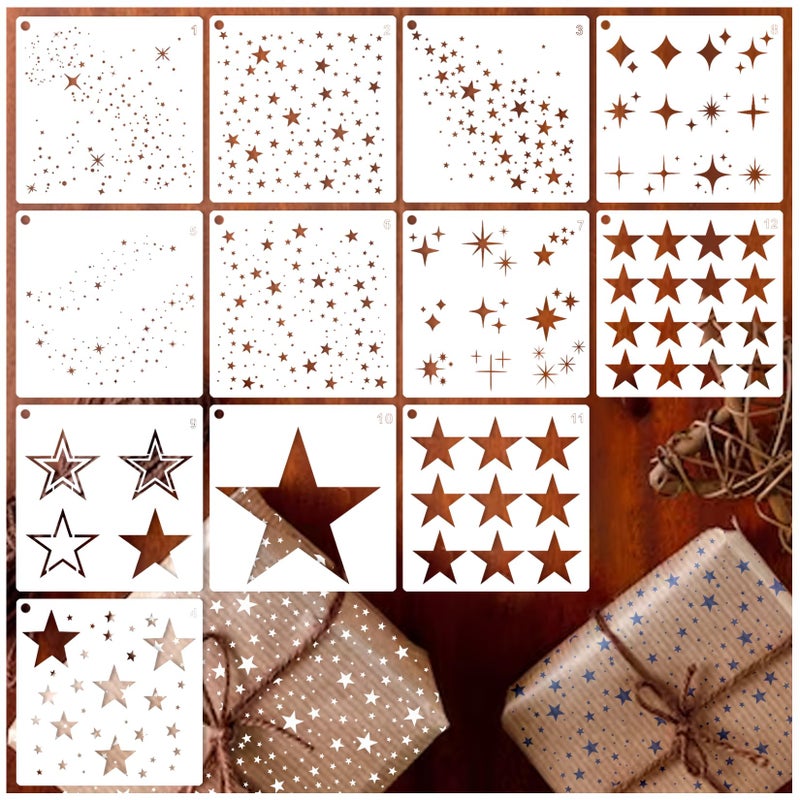 Boqon 12 Pieces Sparkle Star Stencil Stars Background Craft Stencils Mixed Media Stencils For Painting On Diy Card Making Scrapbook Paper Fabric Pillows (12 Star) - Image 1