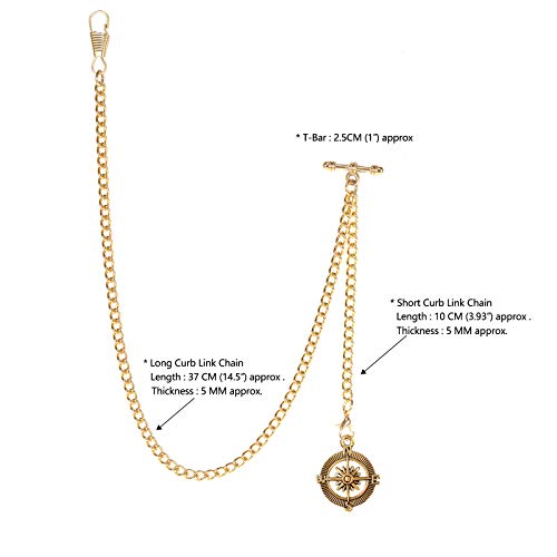TREEWETO Men's Albert Chain Pocket Watch Curb Link Key Chain 2 Hooks with Antique Compass Glod Pendant Design Charm Fob T Bar - Image 3