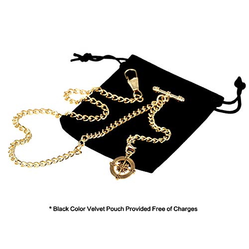 TREEWETO Men's Albert Chain Pocket Watch Curb Link Key Chain 2 Hooks with Antique Compass Glod Pendant Design Charm Fob T Bar - Image 2
