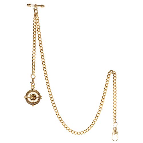 TREEWETO Men's Albert Chain Pocket Watch Curb Link Key Chain 2 Hooks with Antique Compass Glod Pendant Design Charm Fob T Bar - Image 1