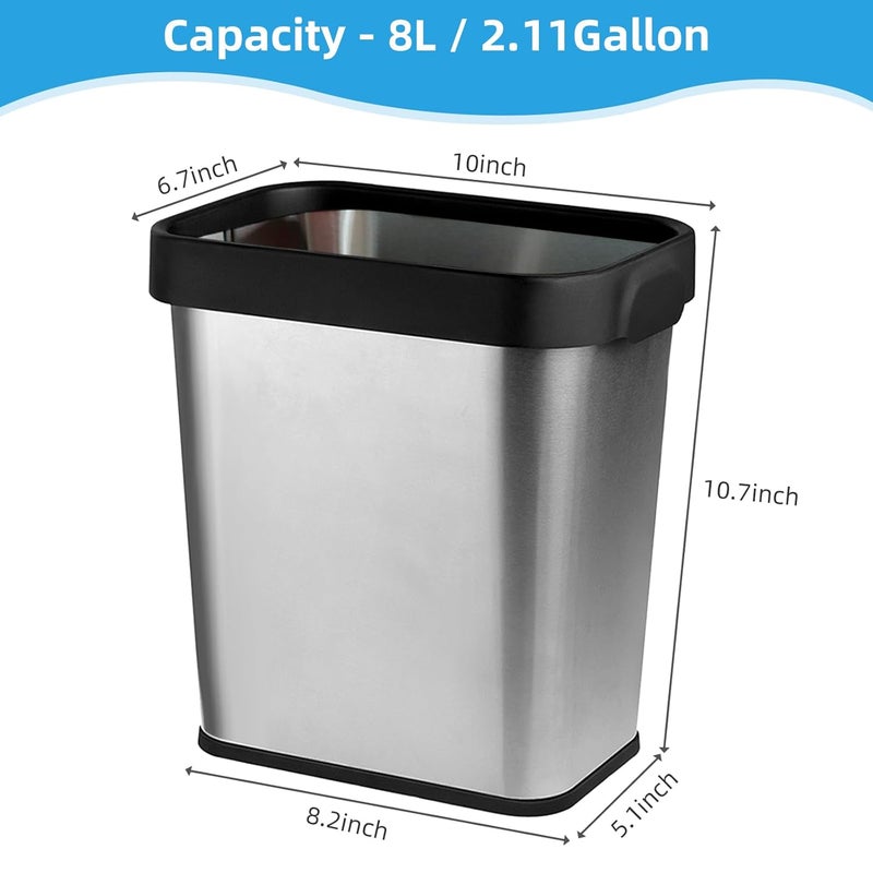 TooCust 3 Pack Stainless Steel Trash Can 2 Gallon, Open Top Trash Can, 7" x 10" x 11", Rectangle Rubbish Bin, Slim and Narrow, No Lid Small Wastebasketfor Kitchen, Bathroom, Living Room, Office - Image 3