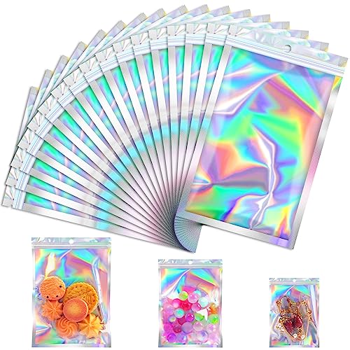 JETMORE 100 Pcs Holographic Mylar Bags, Smell Proof & Resealable Bag for Small Business, Freshie Bags, Sample Bag, Small Baggies Foil Pouch for Candy, Jewelry, Bracelet, Mothers Day Gift (3x5in) - Image 1