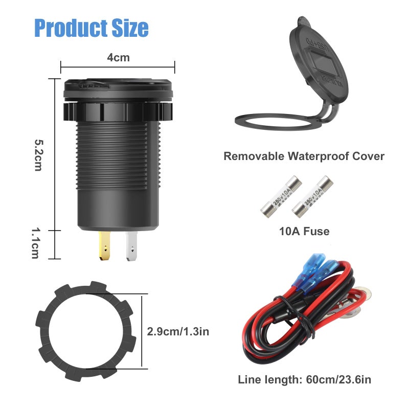 Hapytrip 2 Pack 12 Volt USB Outlet Dual Quick Charge 3.0 Port and PD3.0 USB C Car Battery Chargers Socket, Waterproof 12V Power Outlet Cigarette Lighter Replacement DIY Kit with Voltmeter and Switch - Image 5